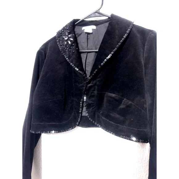 VTG Y2K West 36 Black Bolero Jacket Sz Large Sequin Beaded‎ Corduroy Crop Event - Picture 3 of 8